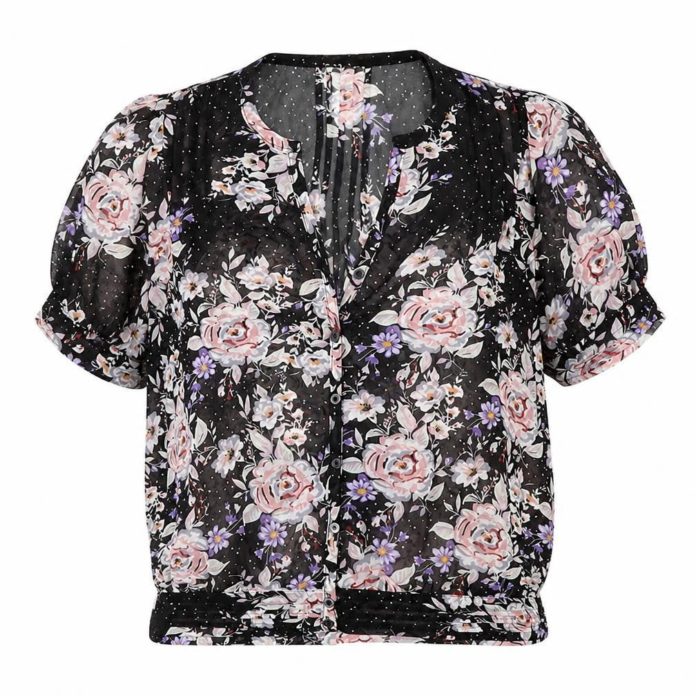 Pins & Needles Womens Black Floral Polyester Basic Button-Up Size S V-Neck