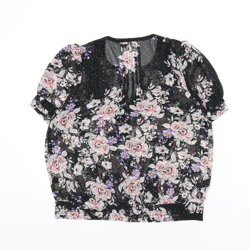 Pins & Needles Womens Black Floral Polyester Basic Button-Up Size S V-Neck