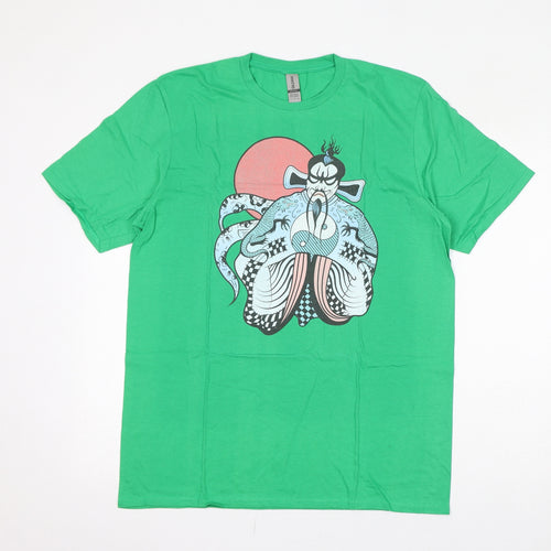 Gildan Womens Green Cotton Basic T-Shirt Size L Round Neck - Chinese Character