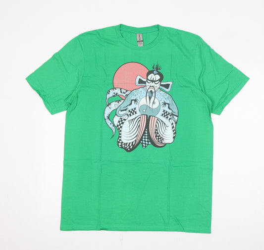 Front view of Gildan women’s green cotton basic t-shirt, size L, round neck - chinese character