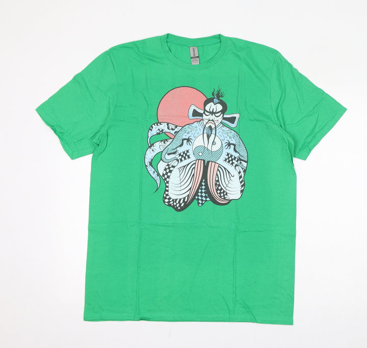 Gildan Womens Green Cotton Basic T-Shirt Size L Round Neck - Chinese Character