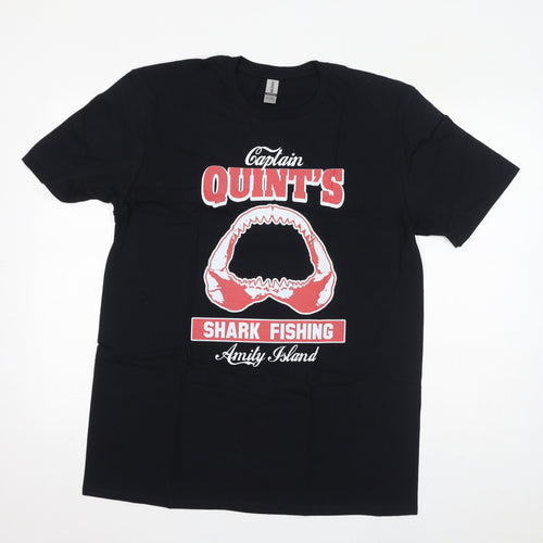 Gildan Womens Black Cotton Basic T-Shirt Size L Round Neck - Captain Quints, Shark Fishing