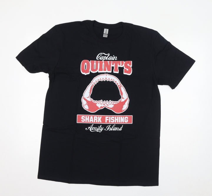 Gildan Womens Black Cotton Basic T-Shirt Size L Round Neck - Captain Quints, Shark Fishing