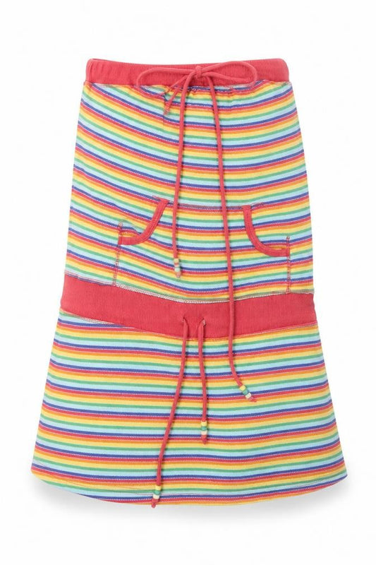 Front view of Just Jeans women’s multicoloured striped cotton a-line, size XS, off the shoulder drawstring - beads, pockets