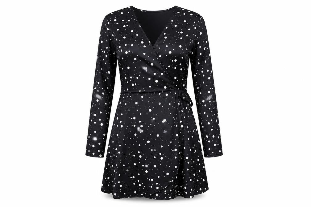Front view of Dancing Leopard women’s black polka dot polyester a-line, size UK 8, v-neck tie
