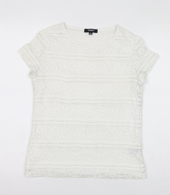 Premise Womens White Polyester Basic T-Shirt Size XS Round Neck - Lace
