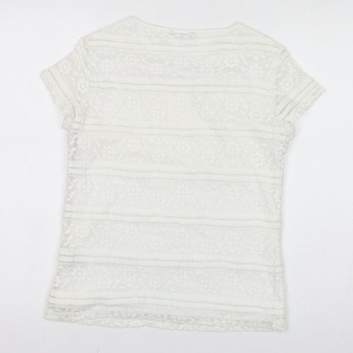 Premise Womens White Polyester Basic T-Shirt Size XS Round Neck - Lace