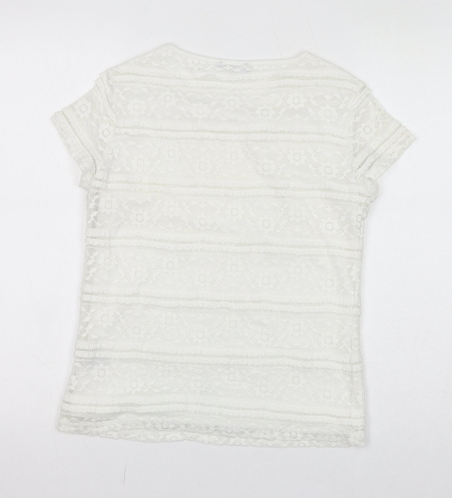 Premise Womens White Polyester Basic T-Shirt Size XS Round Neck - Lace
