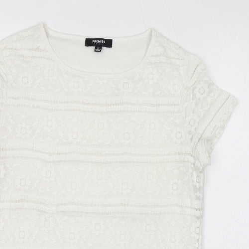 Premise Womens White Polyester Basic T-Shirt Size XS Round Neck - Lace