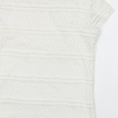 Premise Womens White Polyester Basic T-Shirt Size XS Round Neck - Lace