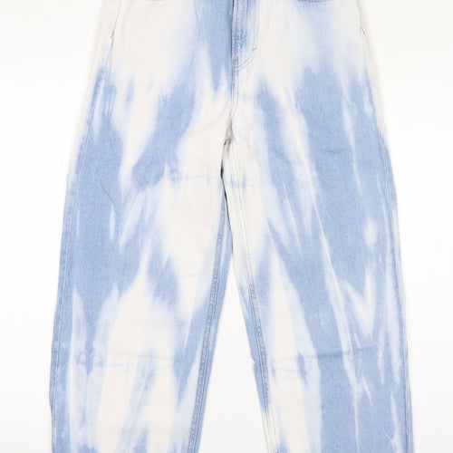 H&M Womens Blue Geometric Cotton Straight Jeans Size 8 L27 in Regular Zip