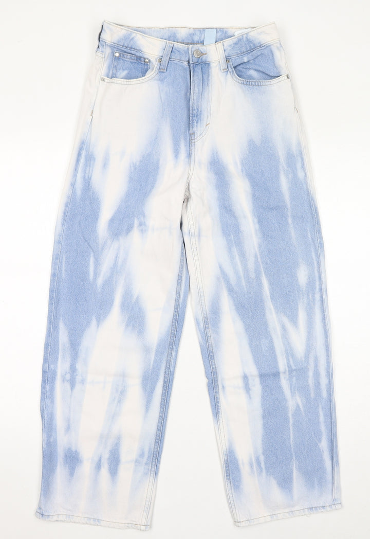 H&M Womens Blue Geometric Cotton Straight Jeans Size 8 L27 in Regular Zip