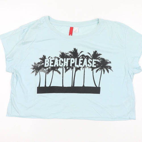 Divided by H&M Womens Blue Cotton Cropped T-Shirt Size S Round Neck - Beach Please