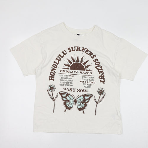 Divided by H&M Womens White Cotton Basic T-Shirt Size 2XS Round Neck - Honolulu Surfers Society, Butterfly, Flowers