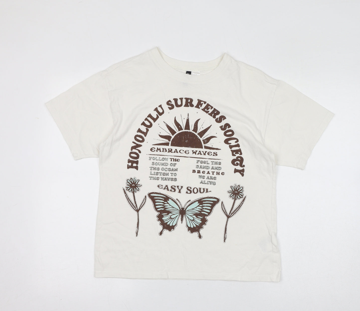 Divided by H&M Womens White Cotton Basic T-Shirt Size 2XS Round Neck - Honolulu Surfers Society, Butterfly, Flowers