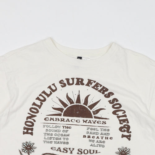 Divided by H&M Womens White Cotton Basic T-Shirt Size 2XS Round Neck - Honolulu Surfers Society, Butterfly, Flowers