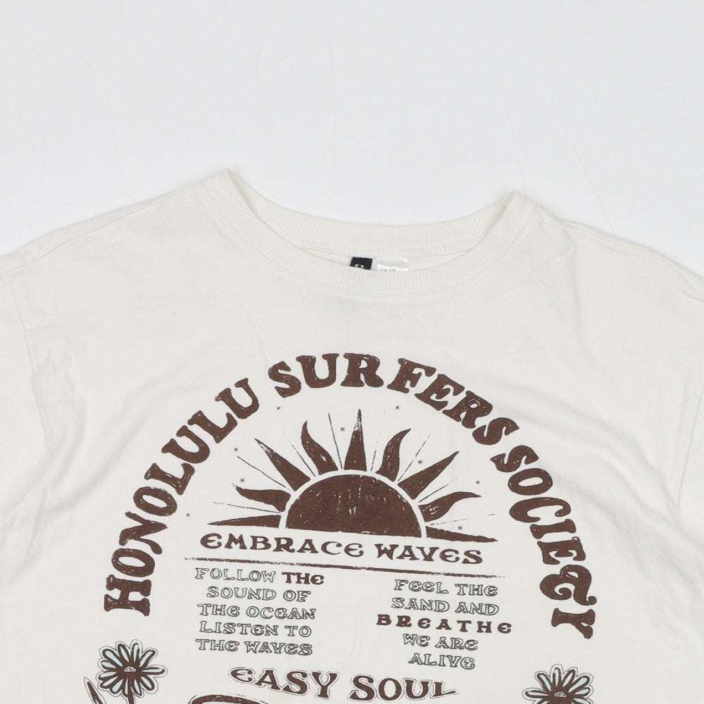 Divided by H&M Womens White Cotton Basic T-Shirt Size 2XS Round Neck - Honolulu Surfers Society, Butterfly, Flowers