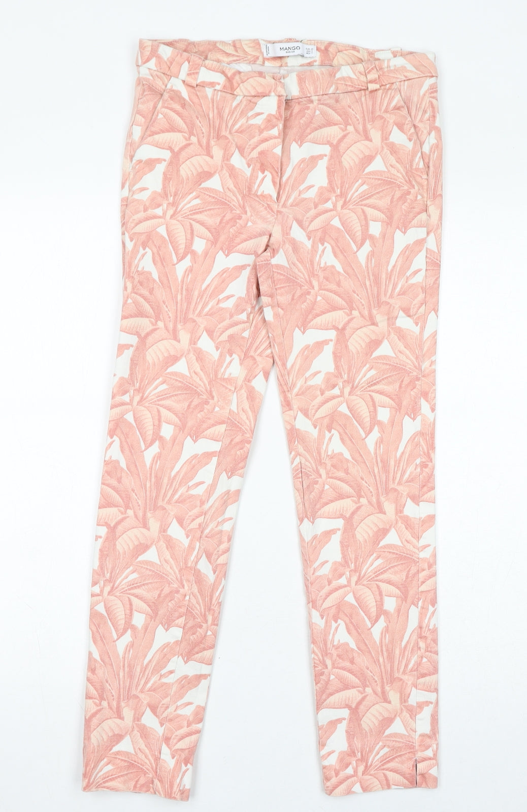 Mango Womens Pink Floral Cotton Trousers Size 12 L26 in Regular Zip