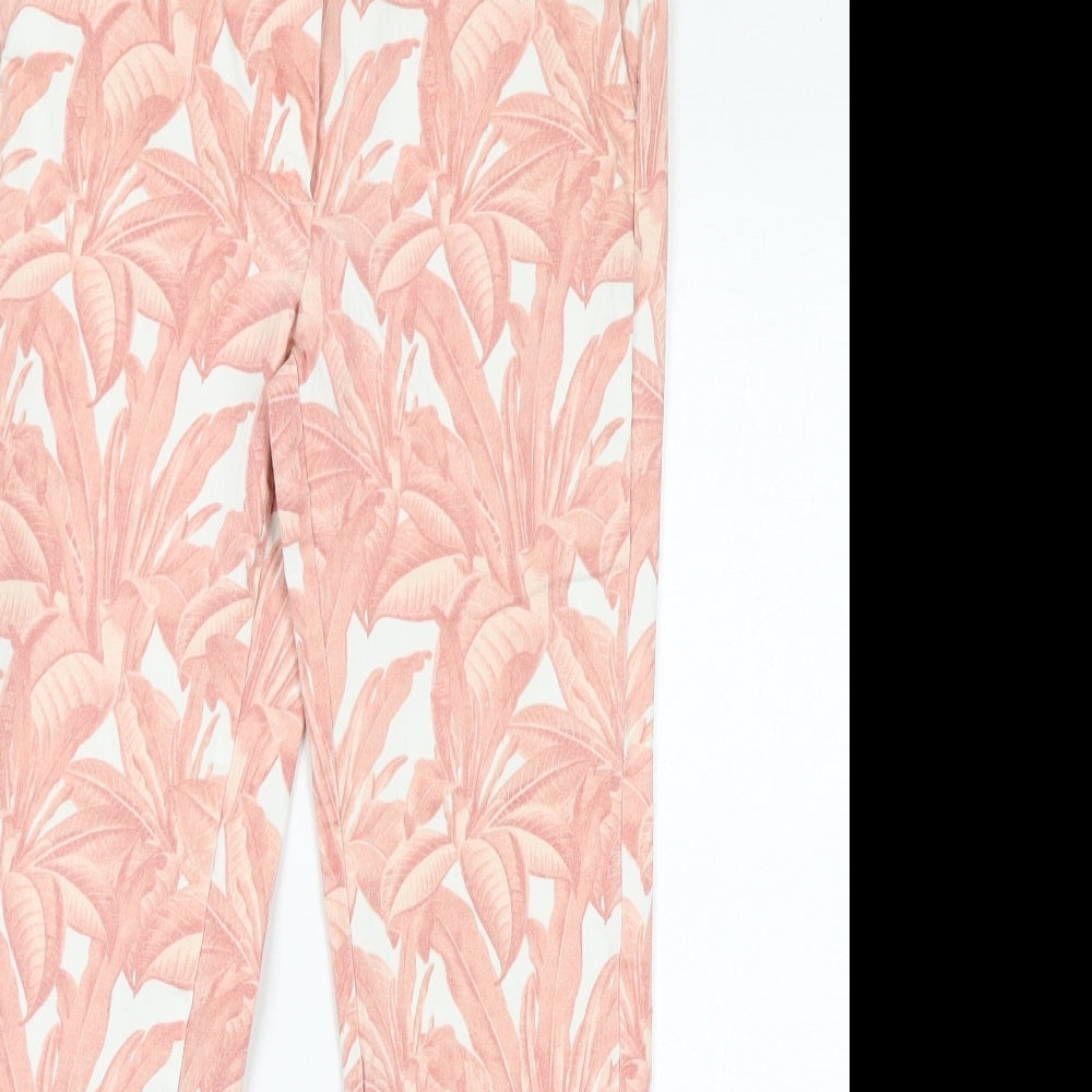 Mango Womens Pink Floral Cotton Trousers Size 12 L26 in Regular Zip