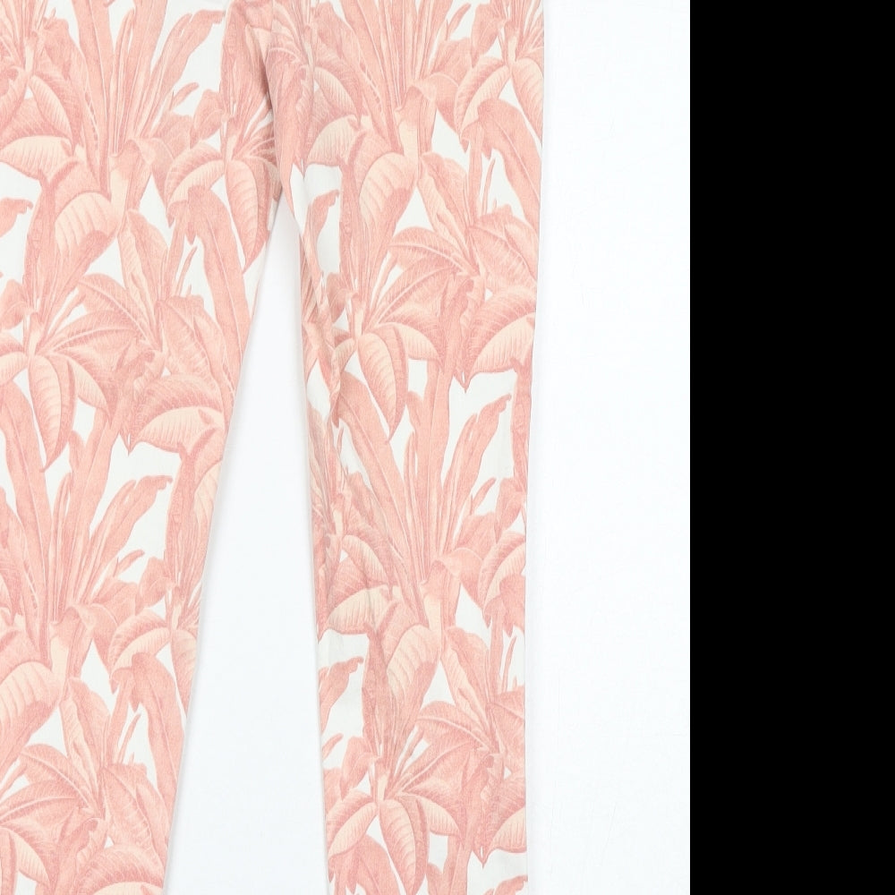 Mango Womens Pink Floral Cotton Trousers Size 12 L26 in Regular Zip