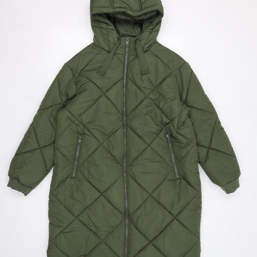 Marks and Spencer Womens Green Quilted Coat Size 16 Zip - Hooded