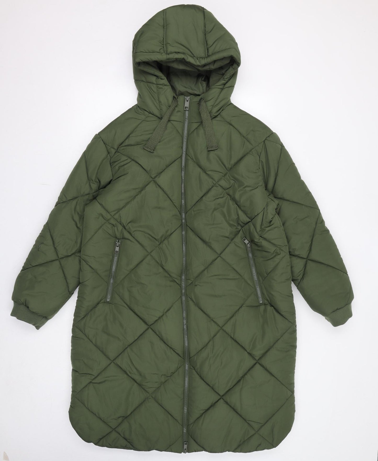 Marks and Spencer Womens Green Quilted Coat Size 16 Zip - Hooded