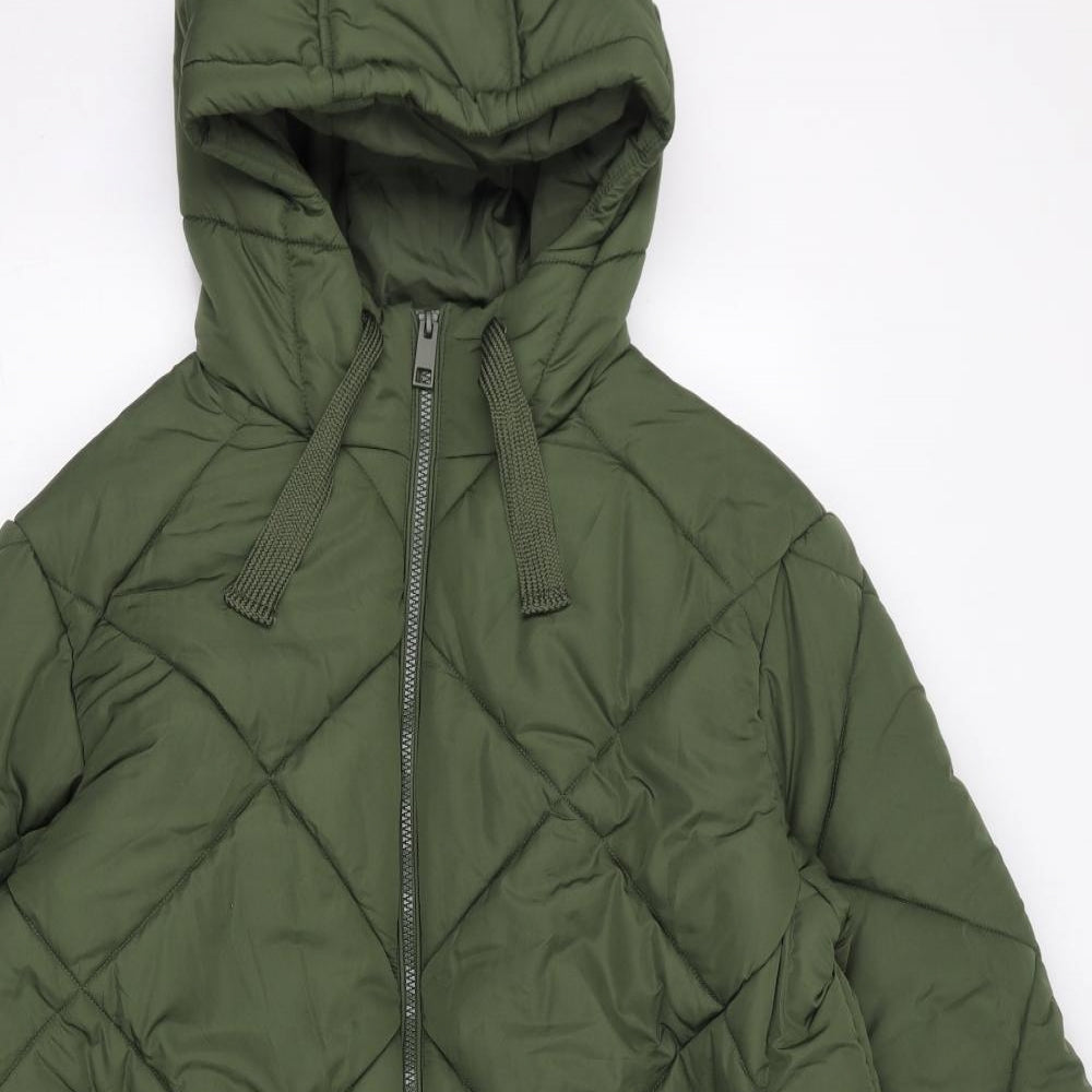 Marks and Spencer Womens Green Quilted Coat Size 16 Zip - Hooded