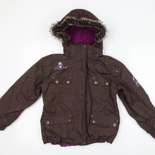 Crane Girls Brown Ski Jacket Jacket Size 9 Years Zip - Faux Fur Hood, Embroidery