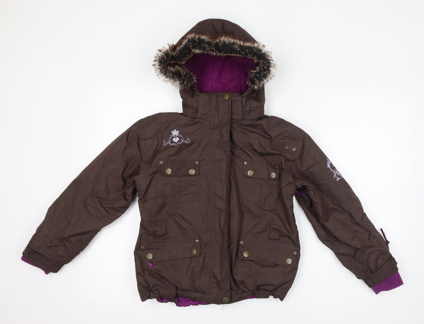 Crane Girls Brown Ski Jacket Jacket Size 9 Years Zip - Faux Fur Hood, Embroidery