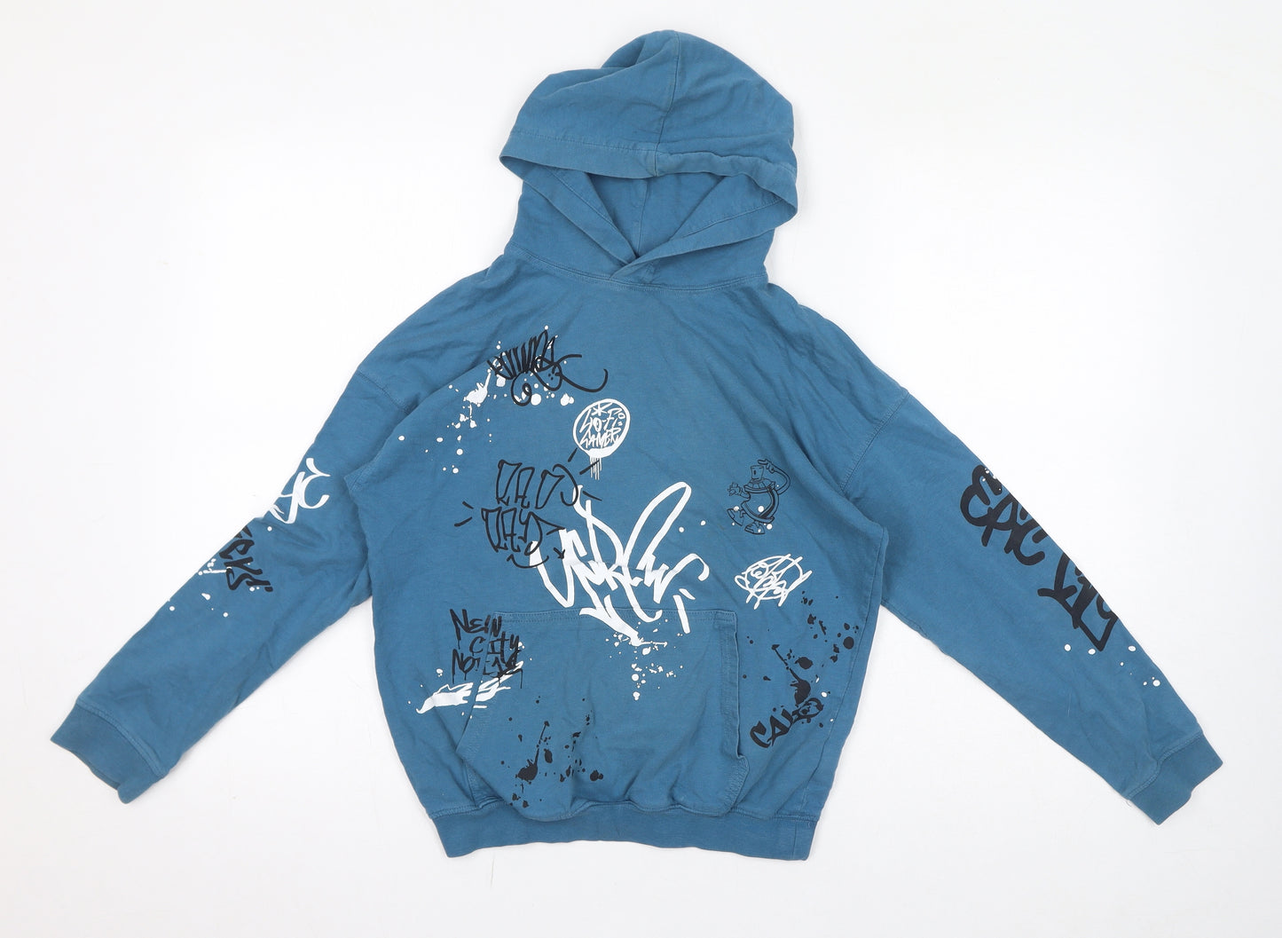 H&M Boys Blue Cotton Pullover Hoodie Size 10-11 Years Pullover - Size 10-12, Graffiti