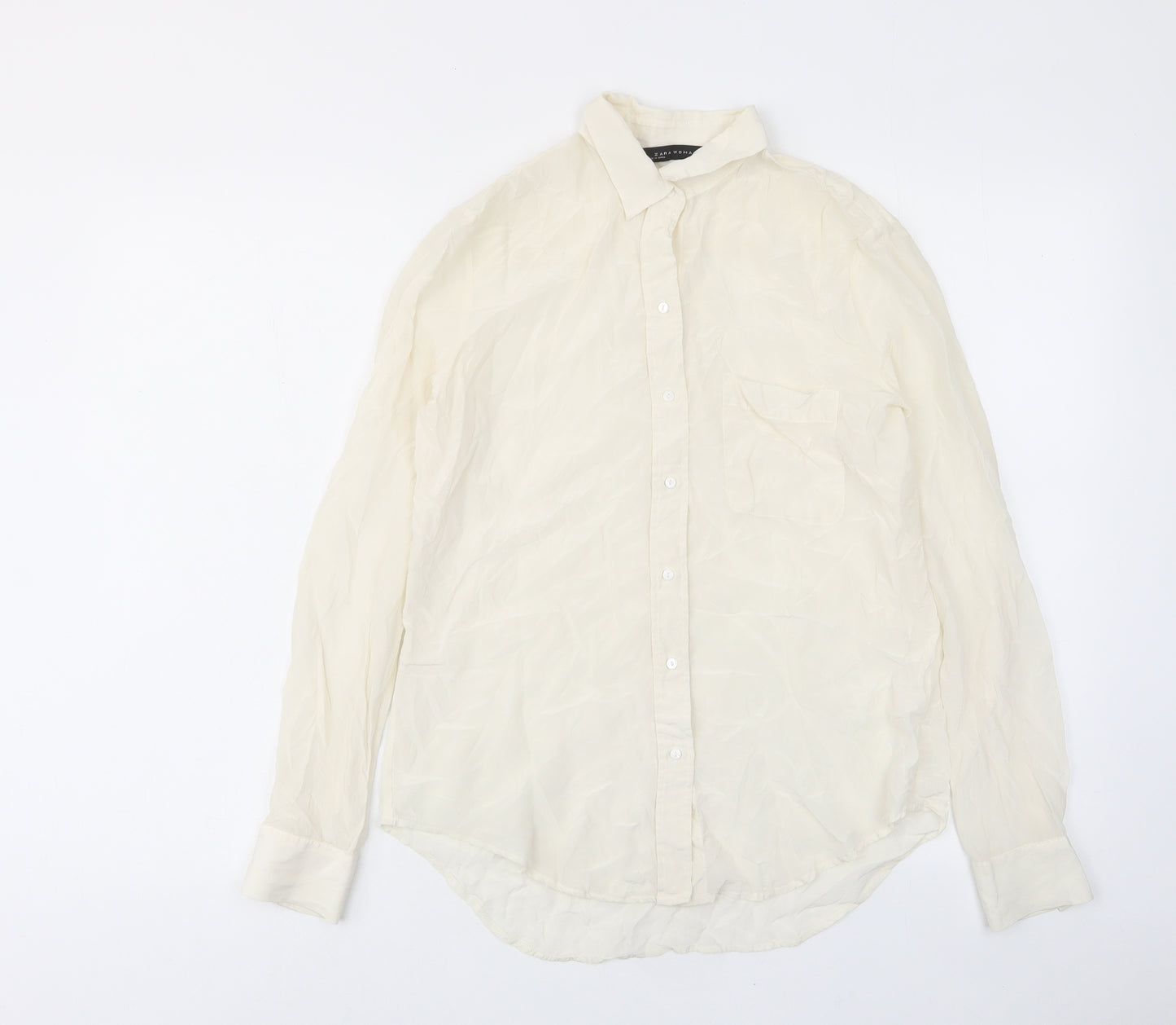 Zara Womens Ivory Polyester Basic Button-Up Size M Collared