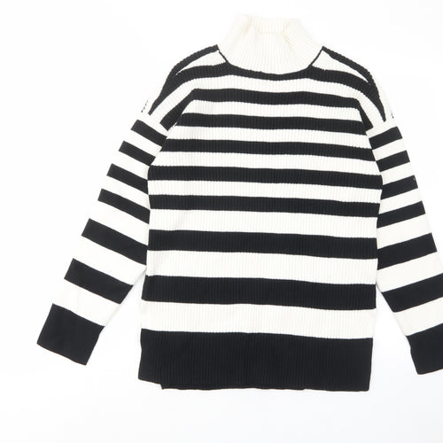 Marks and Spencer Womens White High Neck Striped Cotton Pullover Jumper Size M