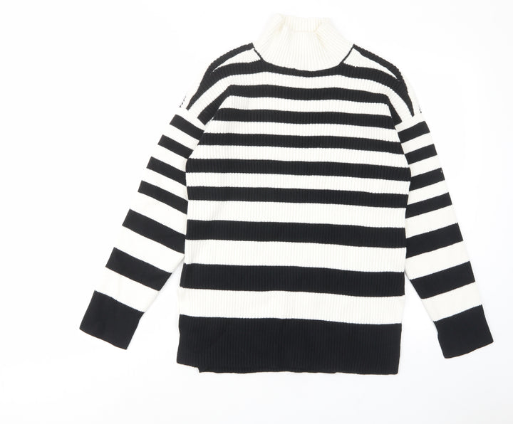 Marks and Spencer Womens White High Neck Striped Cotton Pullover Jumper Size M