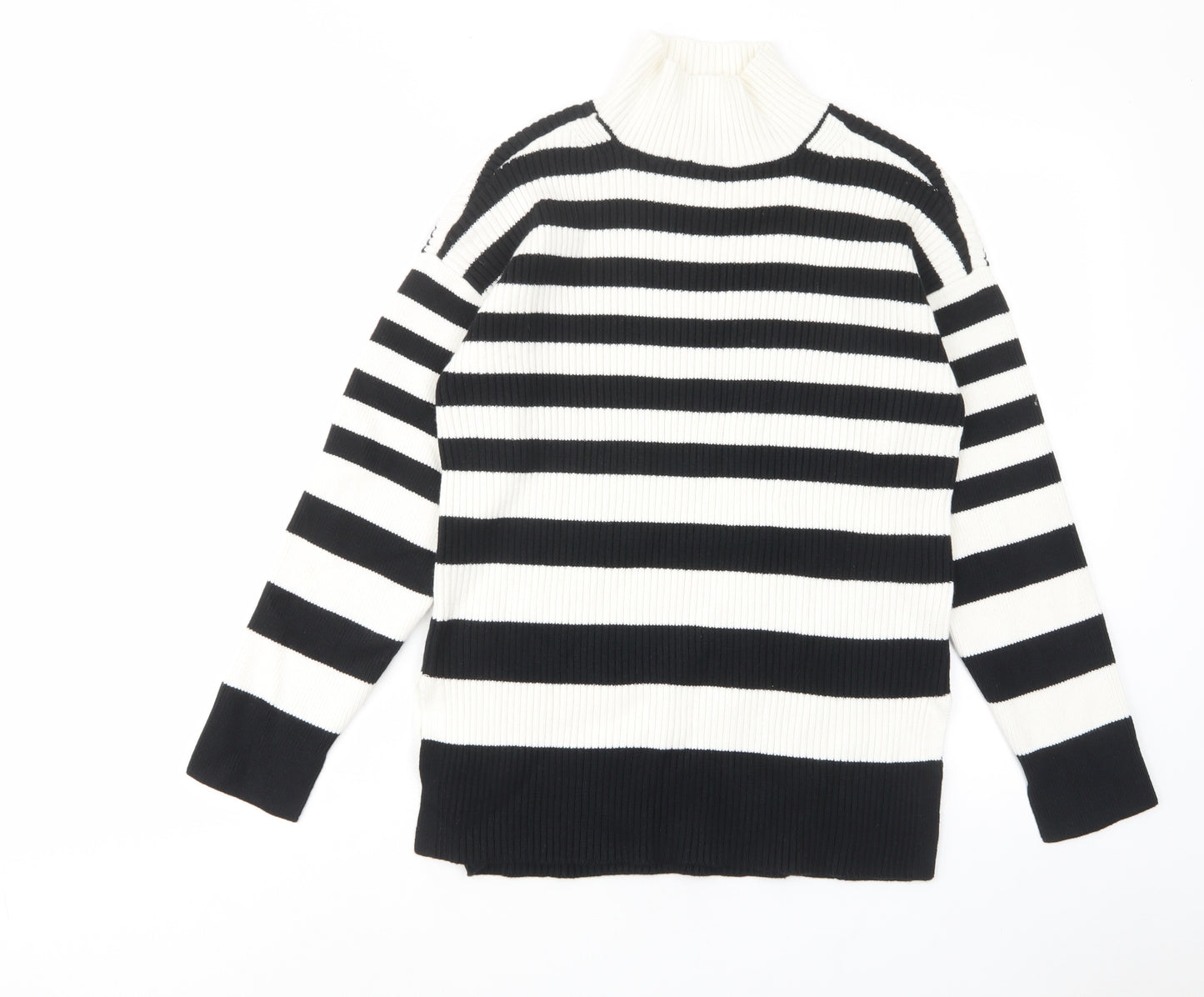 Marks and Spencer Womens White High Neck Striped Cotton Pullover Jumper Size M