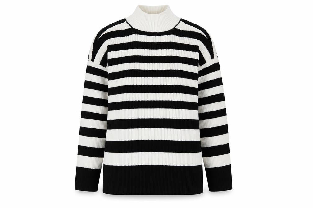 Front view of Marks & Spencer women’s white high neck striped cotton jumper, size M