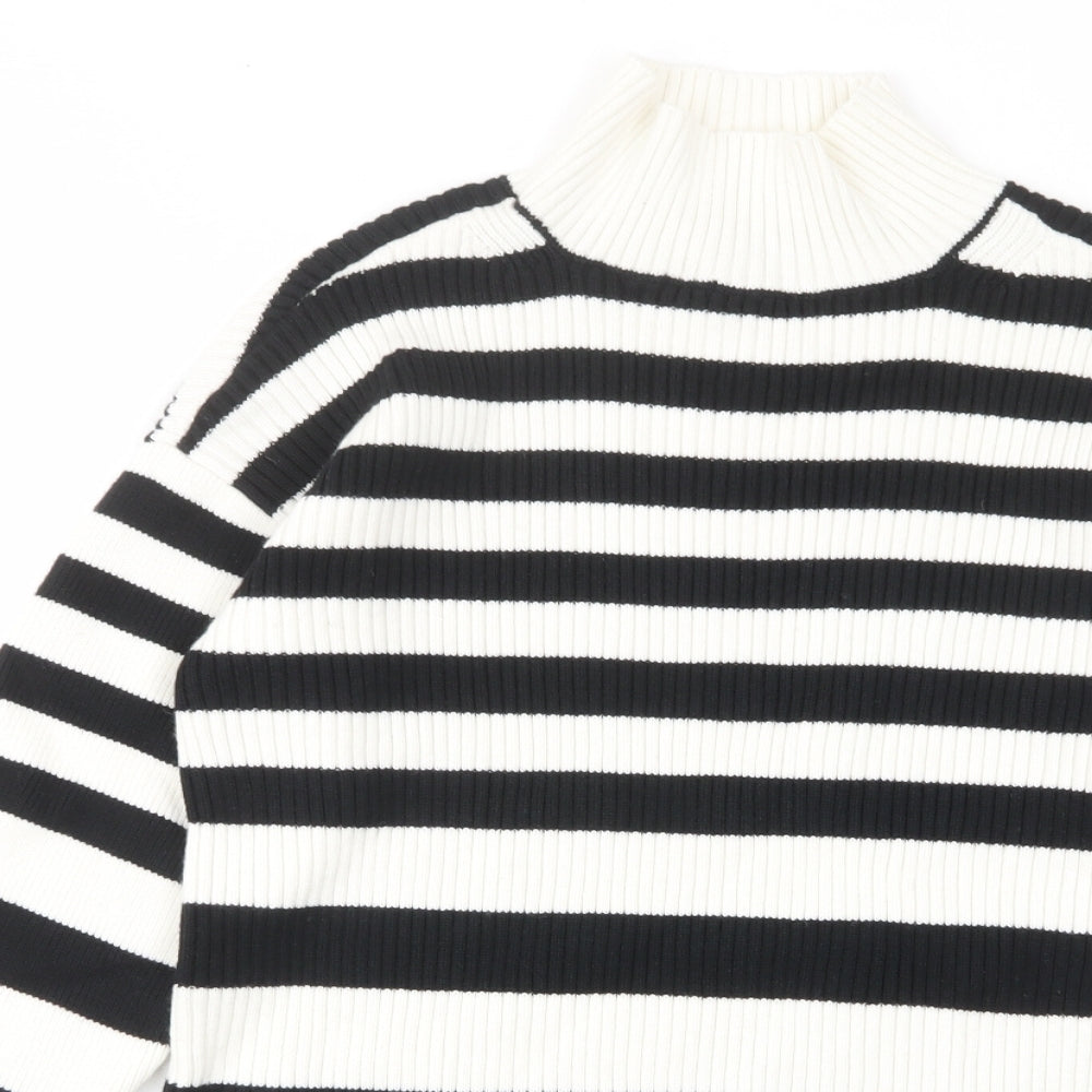 Marks and Spencer Womens White High Neck Striped Cotton Pullover Jumper Size M