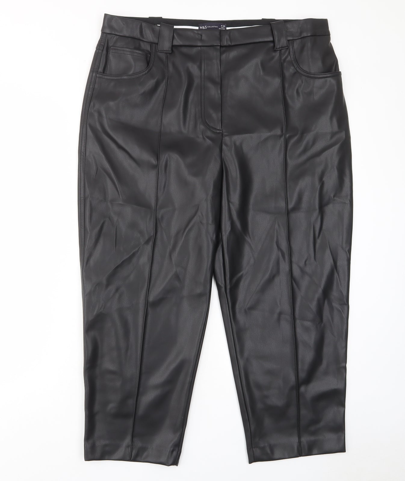 Marks and Spencer Womens Black Polyurethane Trousers Size 18 L23 in Regular Hook & Eye - Pockets, Belt Loops