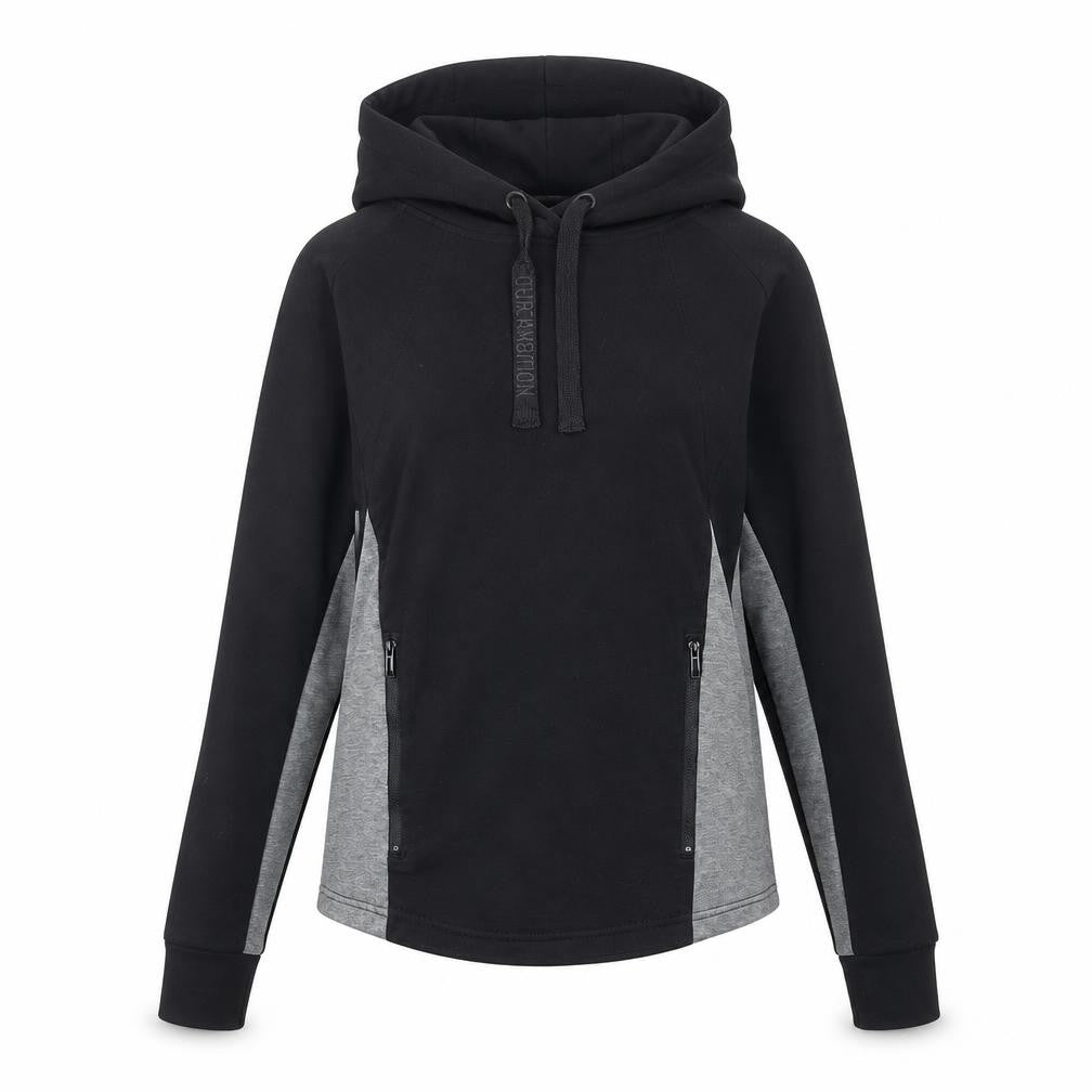 Front view of Myprotein women’s black cotton pullover hoodie, size S, pullover - zip pockets