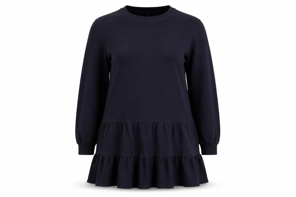 Front view of River Island women’s blue cotton jumper dress, size M, crew neck pullover