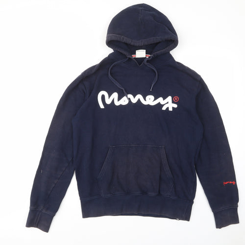 Money Mens Blue Cotton Pullover Hoodie Size M - Logo, Pockets