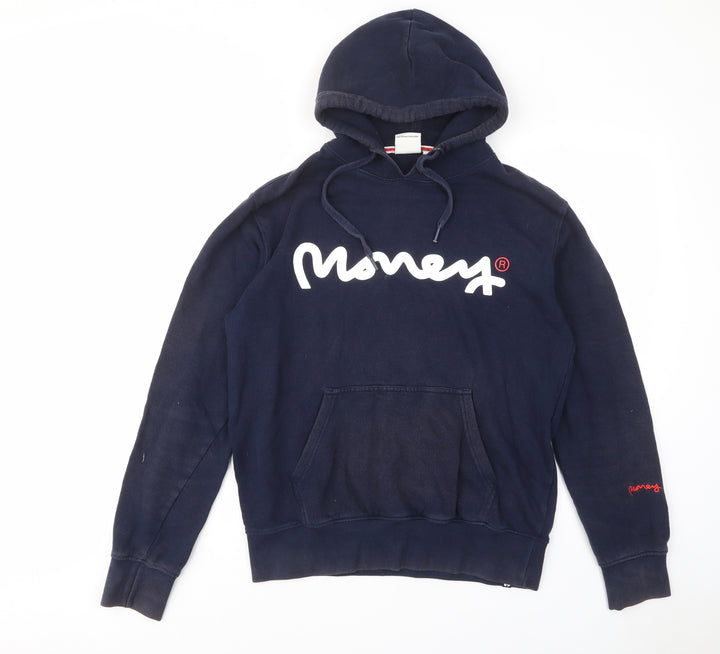 Money Mens Blue Cotton Pullover Hoodie Size M - Logo, Pockets