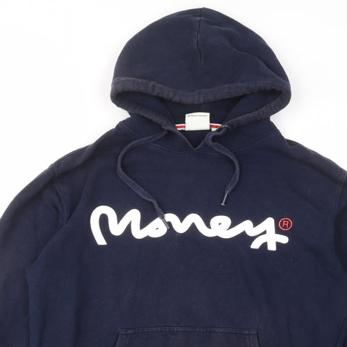Money Mens Blue Cotton Pullover Hoodie Size M - Logo, Pockets