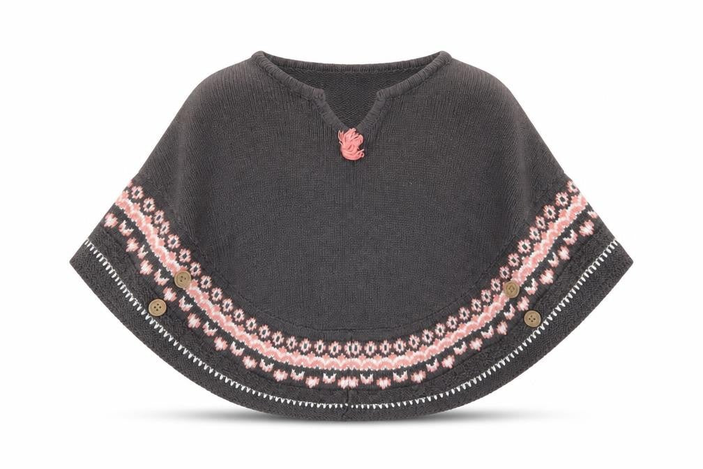 Vertbaudet Girls Grey V-Neck Fair Isle Cotton Cape Jumper Size 5 Years Pullover
