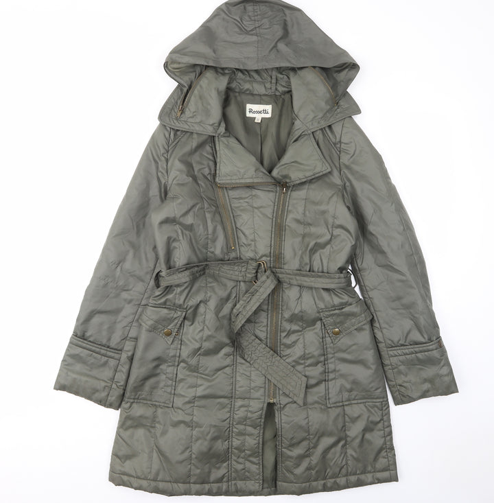 Rosseti Womens Green Quilted Coat Size 10 Zip - Zip Pockets, Belted