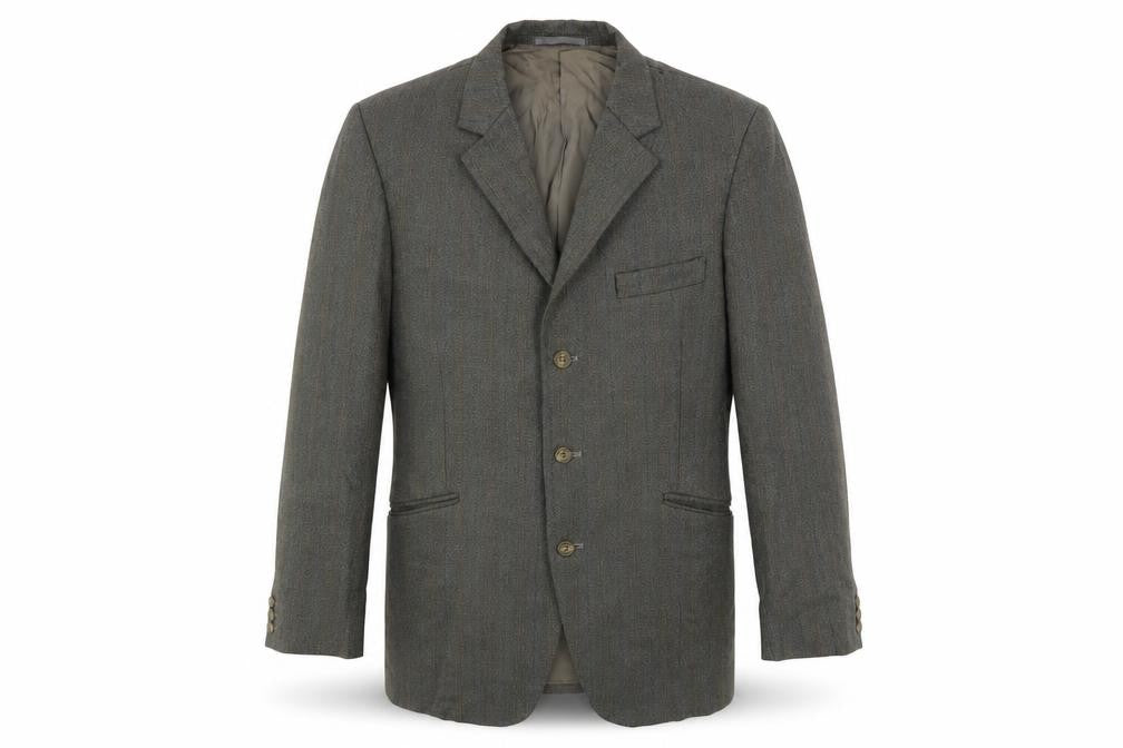 Front view of Hector Powe men’s grey striped polyester jacket suit jacket, size 36, regular