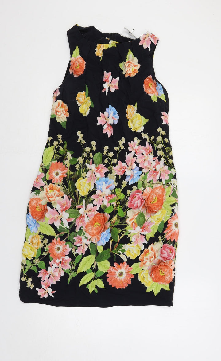 Wallis Womens Black Floral Viscose Shift Size 8 Round Neck Zip