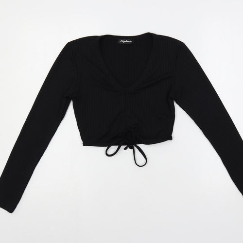 Stylewise Womens Black Polyester Cropped T-Shirt Size S V-Neck - Ribbed