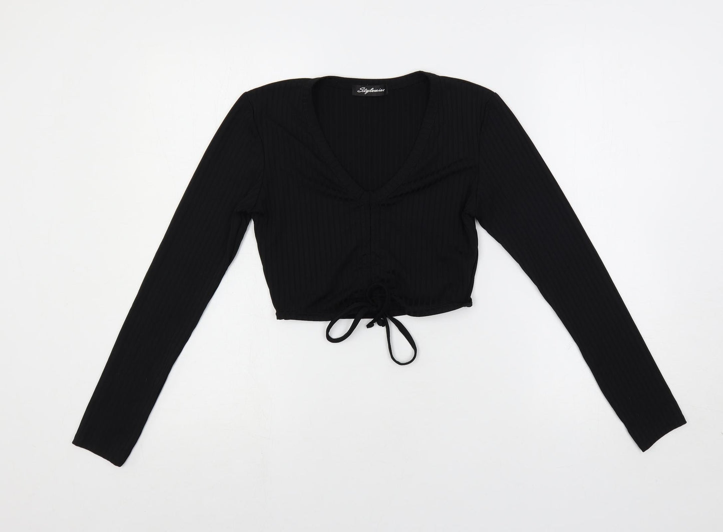 Stylewise Womens Black Polyester Cropped T-Shirt Size S V-Neck - Ribbed