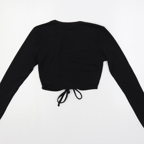 Stylewise Womens Black Polyester Cropped T-Shirt Size S V-Neck - Ribbed
