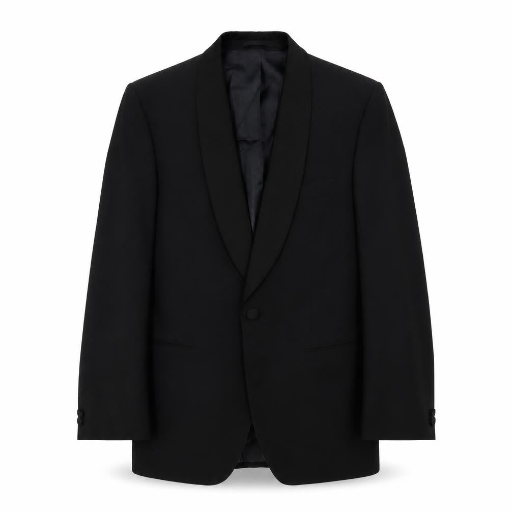 Front view of Hornes men’s black polyester tuxedo suit jacket, size 38, regular